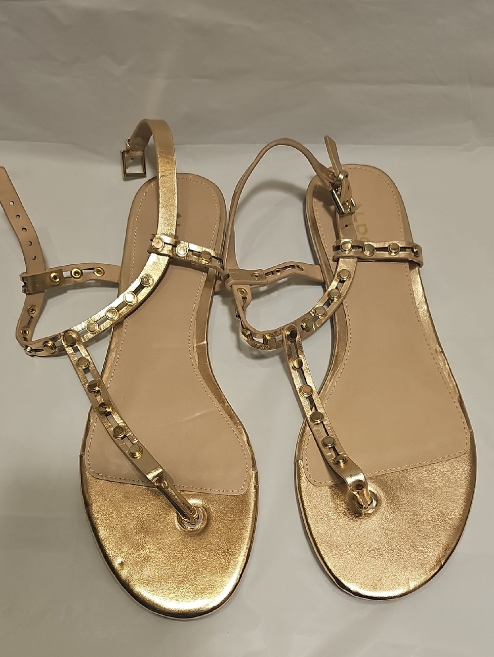 Aldo Metallic Gold T-Strap Studded Sandals